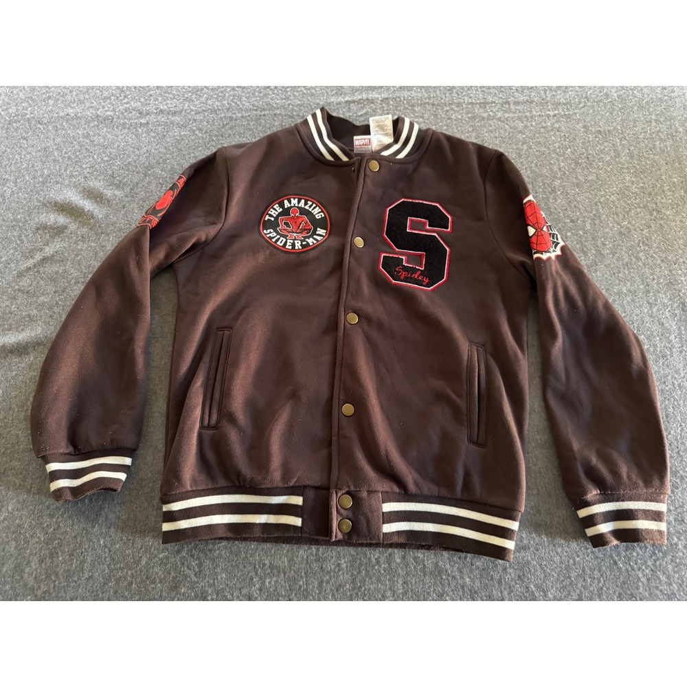 Marvel Spider-Man Varsity Jacket Boys 12 Brown Snap Button Letterman Fleece